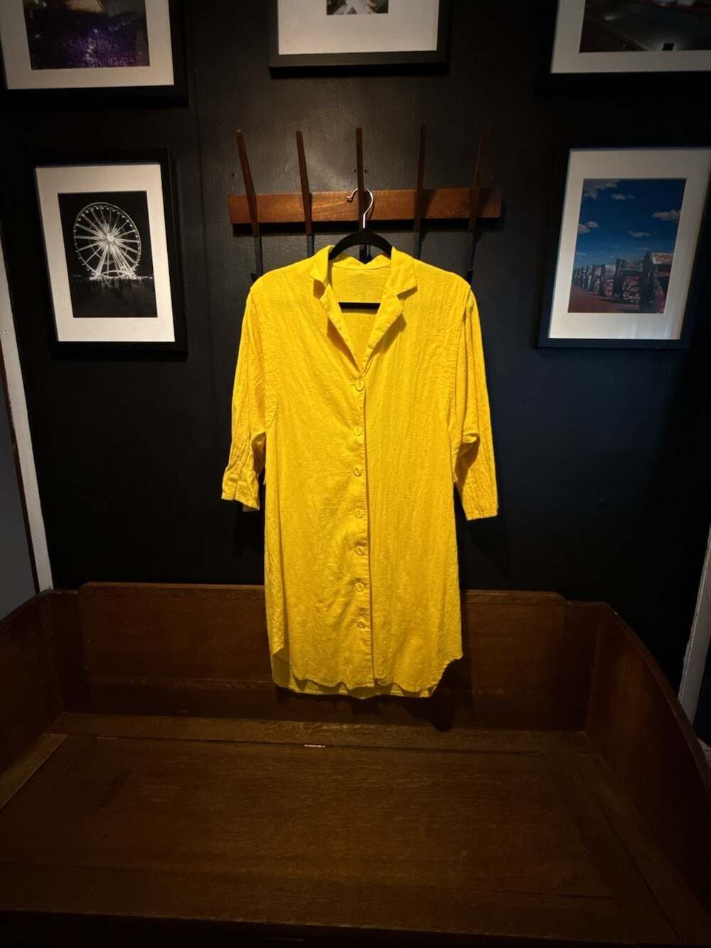 80’s Yellow Button-Down Collared Cotton gauze-Shirt Dress